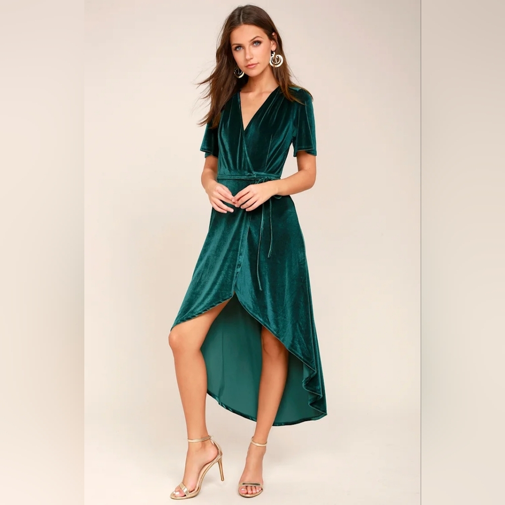 Lulus Amour Teal Green Velvet High-Low Wrap Dress